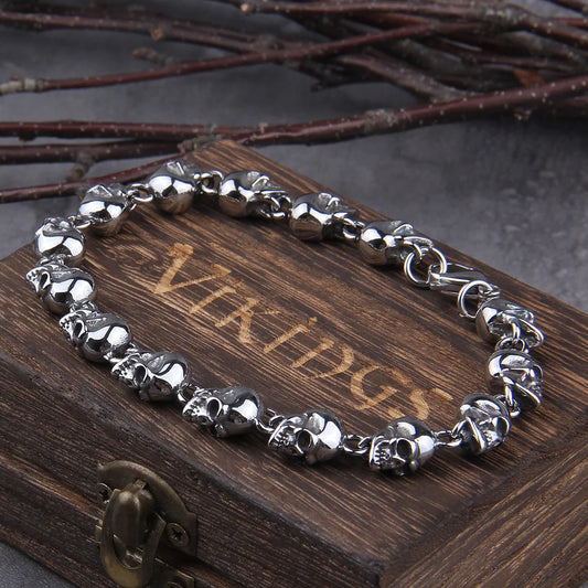 Gun Black Vintage full Stainless Steel Skull Beaded Skull Bracelet for Men Bracelets Gothic packing by wooden box as gift