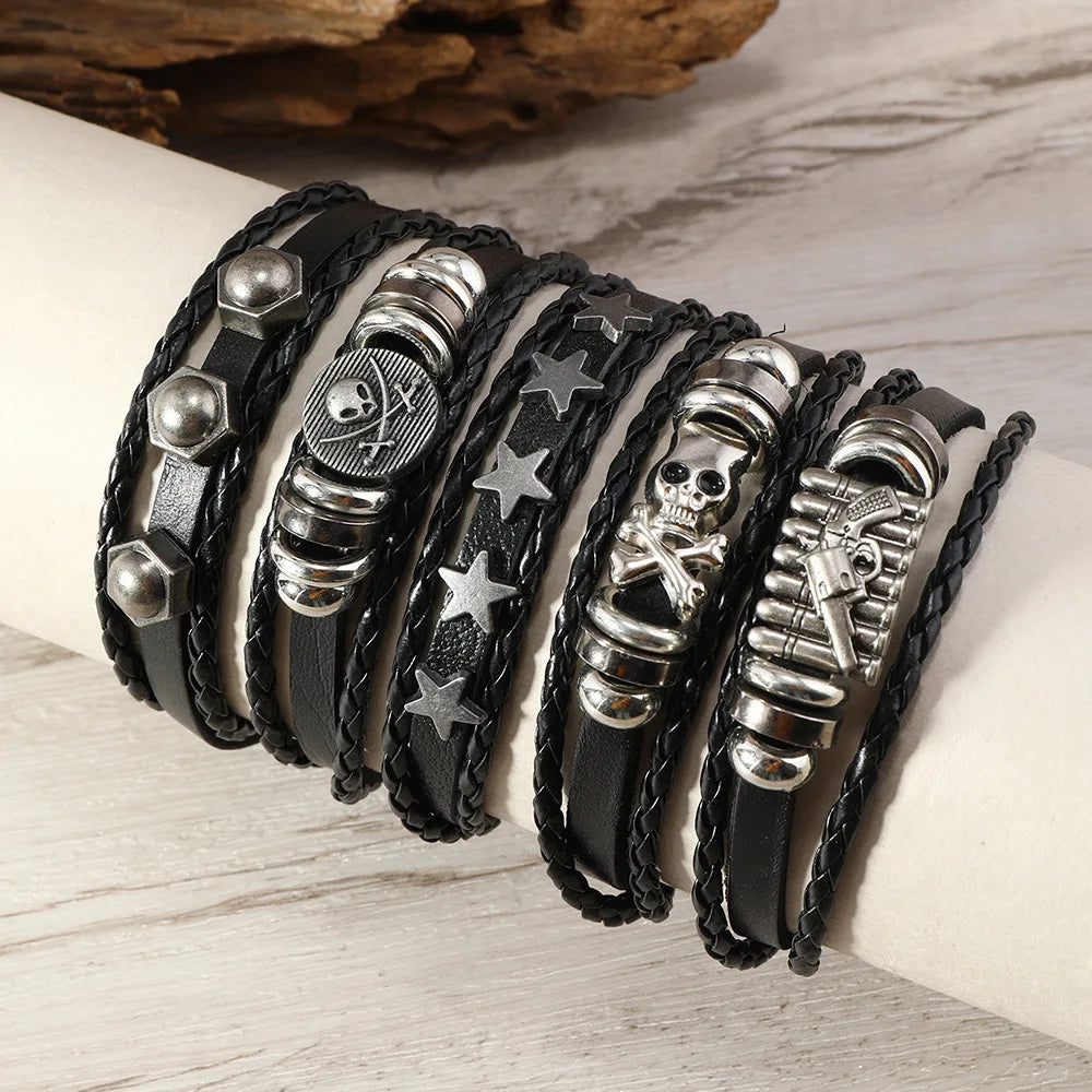 Fashion Viking Punk Bracelet For Men Hand Bracelets Multi-Layer Woven Skull Head Star Accessories Jewelry Leather Set Gifts