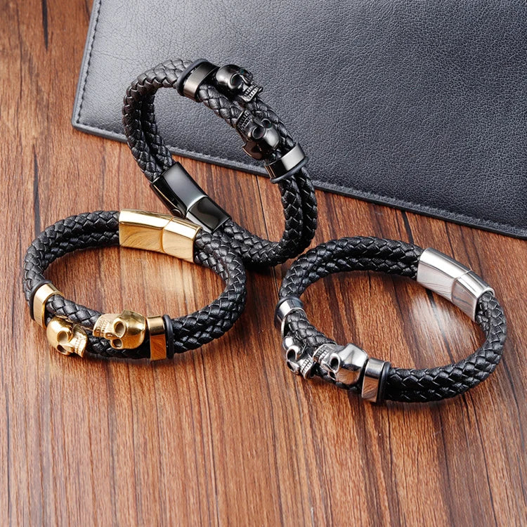 Skull Stainless Steel Fashion Punk Genuine Leather Rope Gold Bangle Magnetic Buckle Jewelry Trend 2024 Wholesale