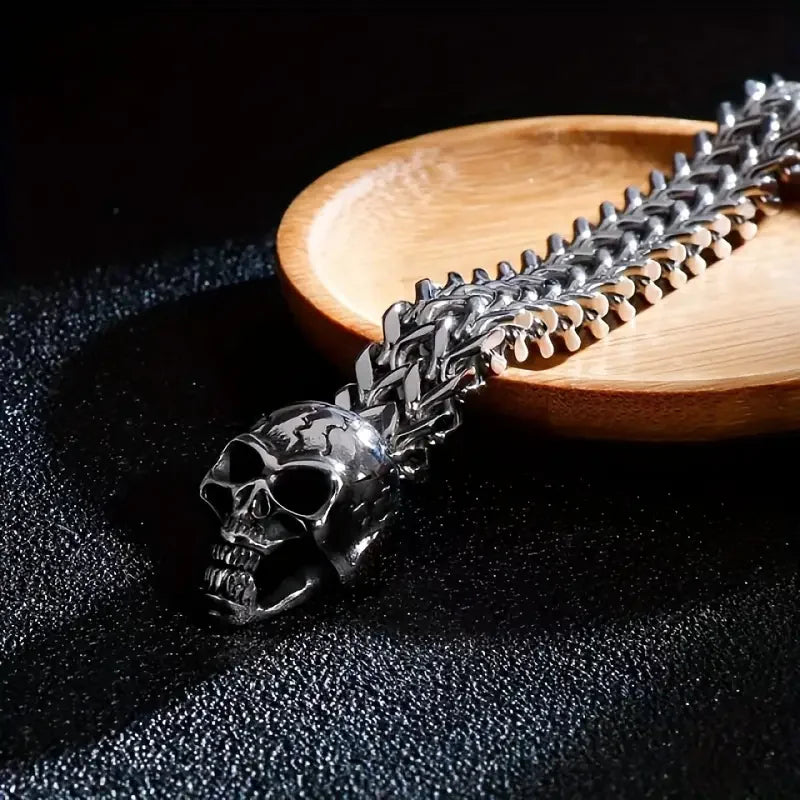 1 men's retro domineering and fashionable double skull men's bracelet with buckle - men's Gothic Cuban chain, fashionable style