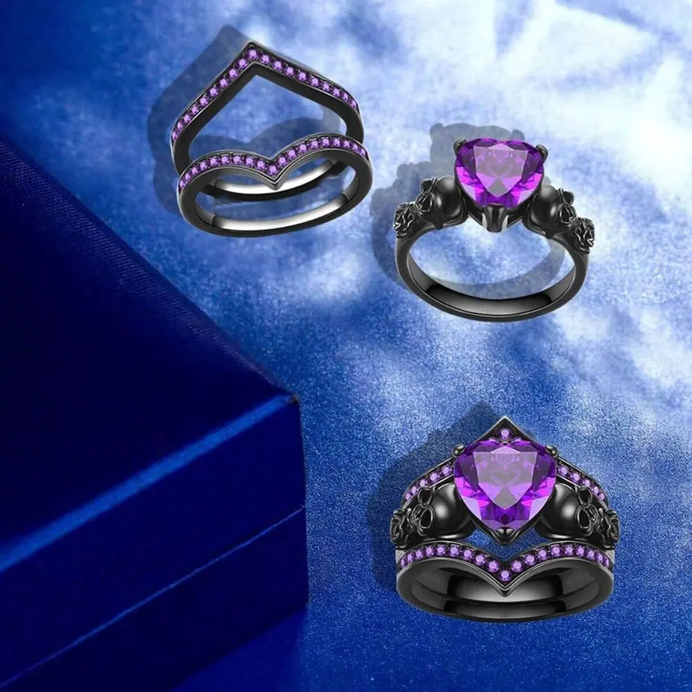 Gothic Black Rose Flower Skull Engagement Ring Set Red Purple Heart Zircon Crystal Anniversary Mother's Day Holiday Gift Jewelry