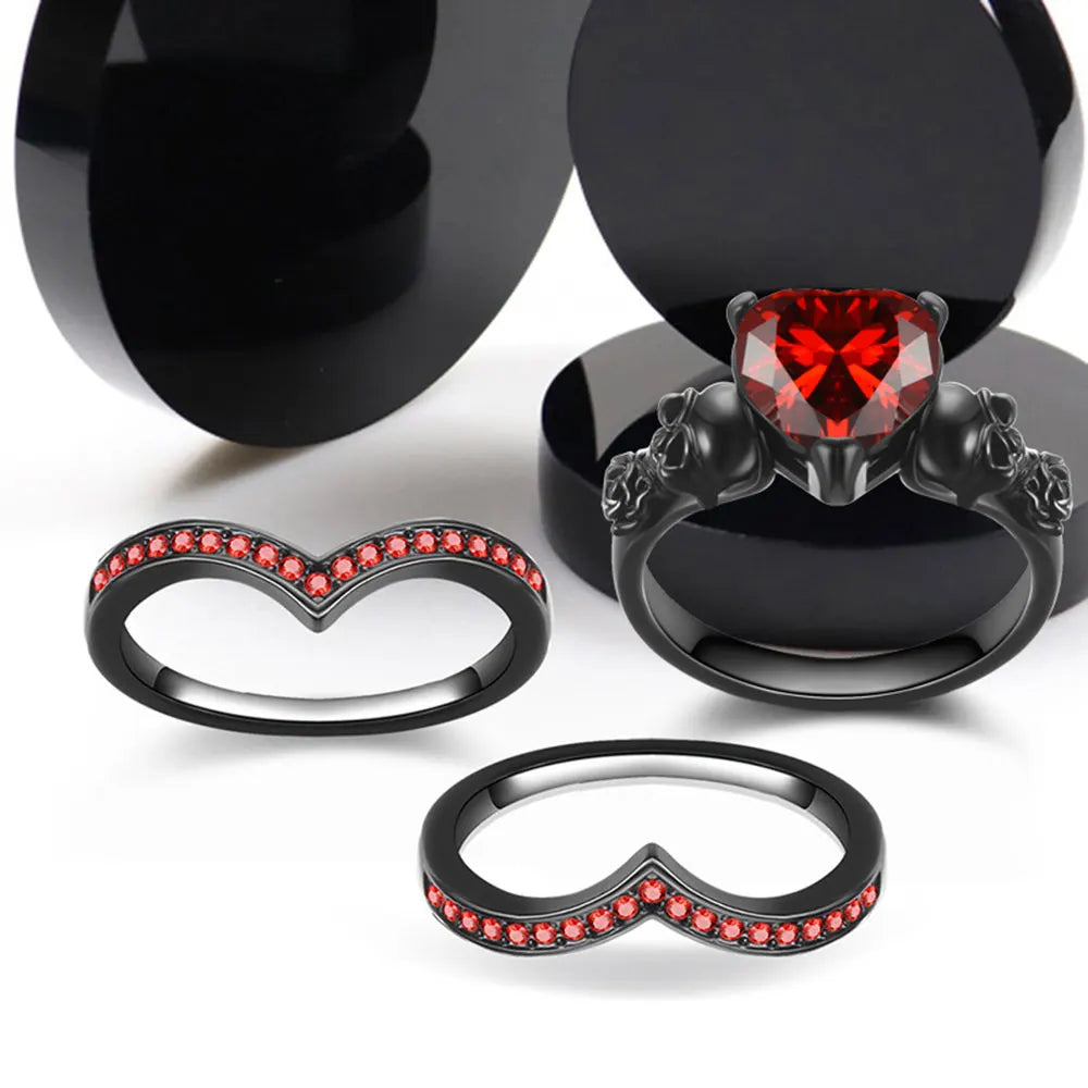 Gothic Black Rose Flower Skull Engagement Ring Set Red Purple Heart Zircon Crystal Anniversary Mother's Day Holiday Gift Jewelry