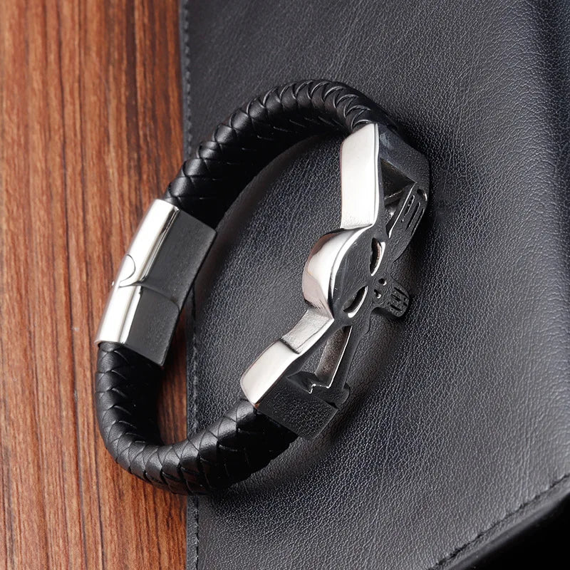 New Skull Stainless Steel Bracelets Genuine Leather Bangles Woven Men's Accessories Fine Gifts Accessories Wholesale Jewelry