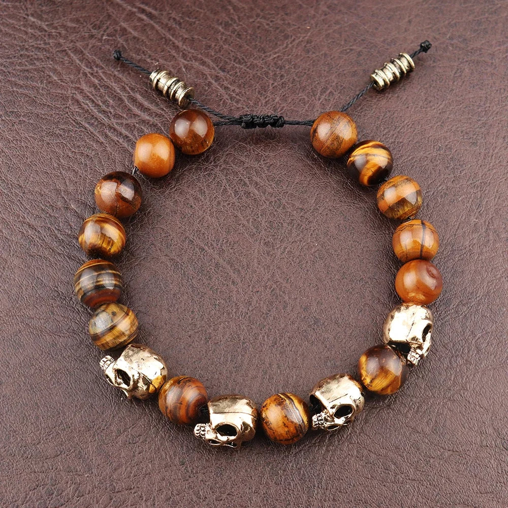 Trendy Agate Skull Bracelet Men's Vintage Handmade Adjustable Tiger's eye Bracelets Male Punk Hip Hop Charm Jewelry Dropshipping