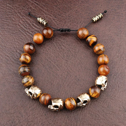 Trendy Agate Skull Bracelet Men's Vintage Handmade Adjustable Tiger's eye Bracelets Male Punk Hip Hop Charm Jewelry Dropshipping