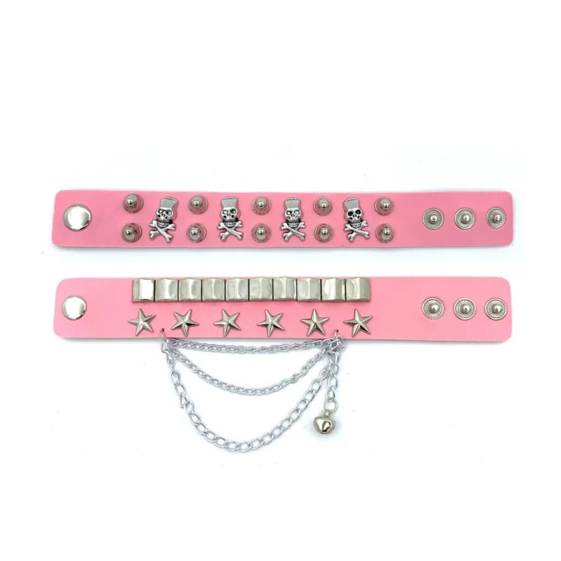 2PCS/Set Emo Goth Punk Bracelets Women Boho Skull Rivets PU Leather Bracelet Metal Chain Ball Tassels Bangles Festival Jewelry