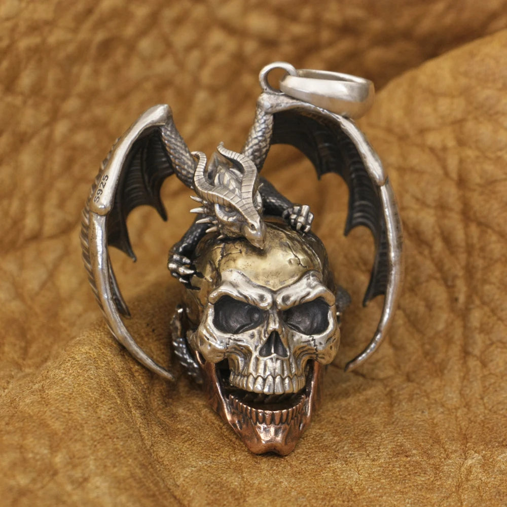 925 Sterling Silver Flying Dragon Punk Skull Pendant Details Biker Jewelry TA380