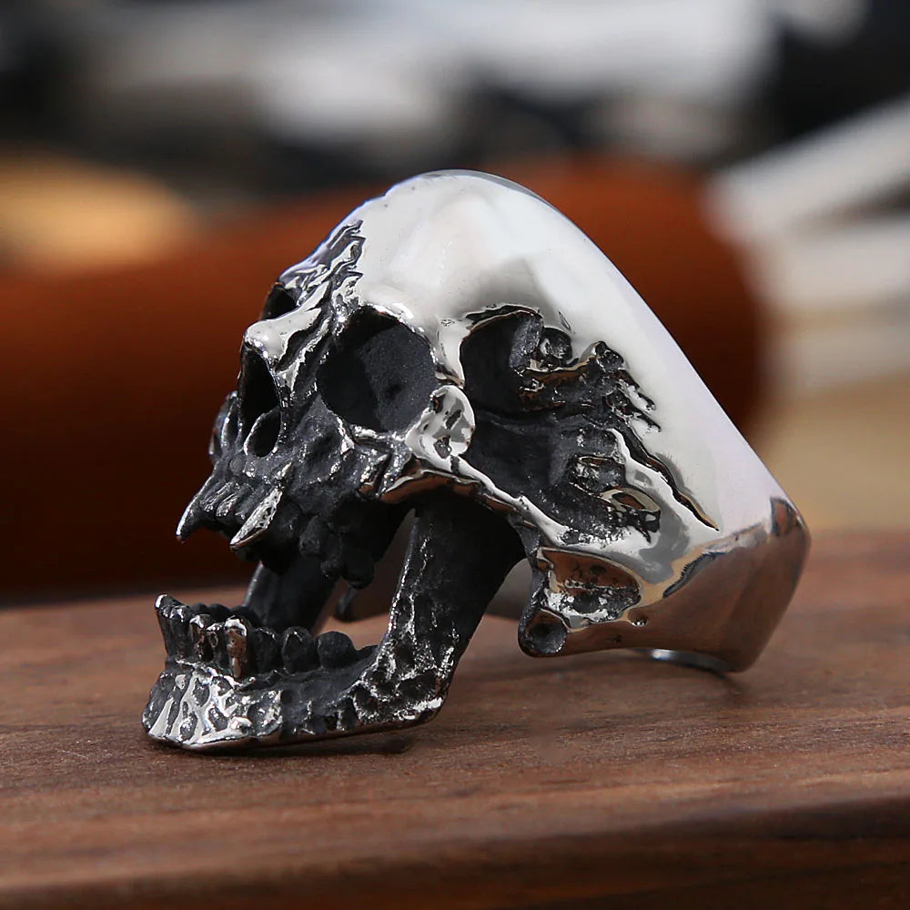 High Polish Gothic Vampire Skull Ring Heavy Skull Mens Stainless Steel Biker Rings Punk Motorcyclist Jewelry Gift Size 7-15