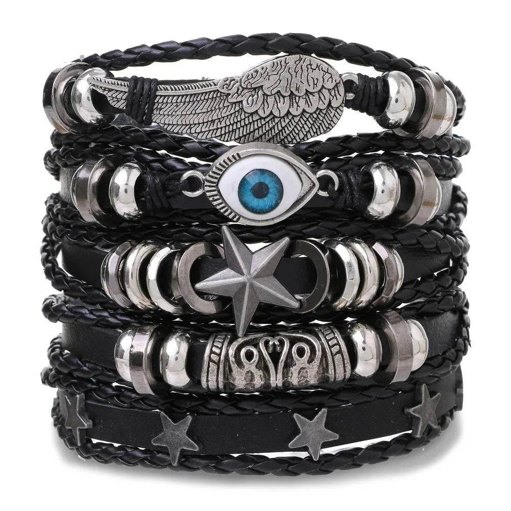 Fashion Viking Punk Bracelet For Men Hand Bracelets Multi-Layer Woven Skull Head Star Accessories Jewelry Leather Set Gifts