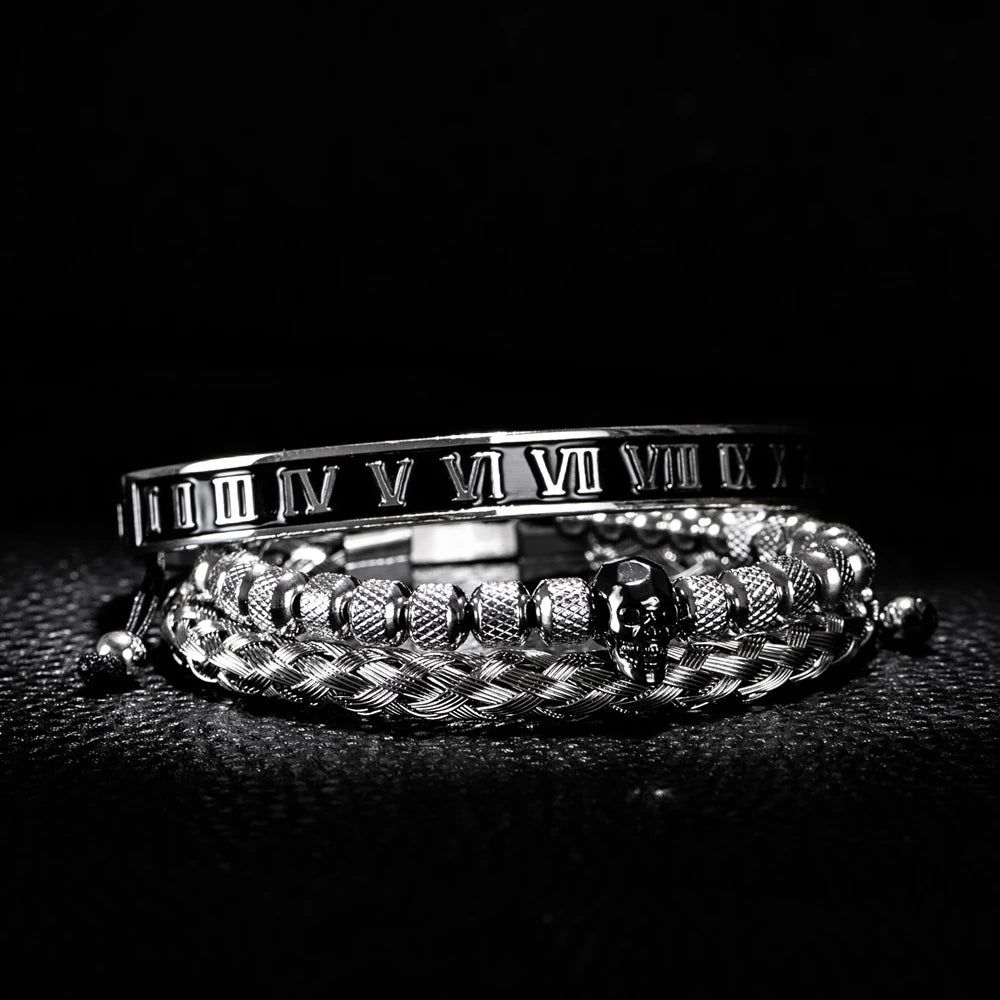 Luxury 3pcs/Set Skull Charm Black Bracelet Stainless Steel  Men Enamel Roman Number Bangles  Europe Fashion Couple Jewelry