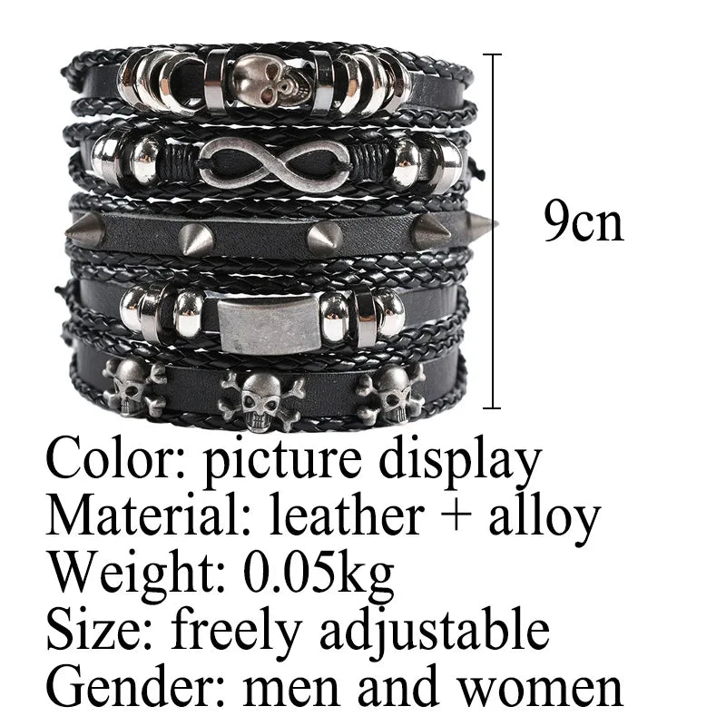 Fashion Bracelet Viking  Bracelet For Men Hand Bracelets Woven Skull Hand Jewelry Adjustable Leather Set viking man bracelet