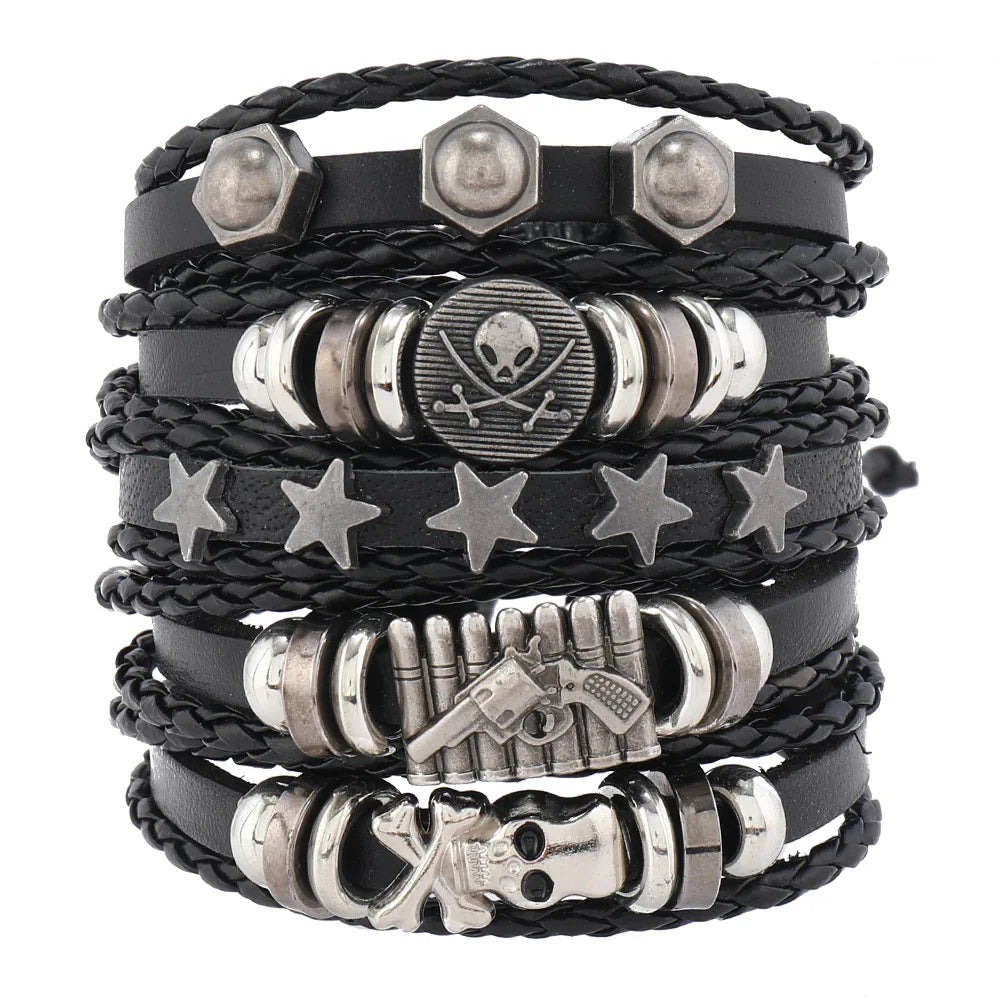 Fashion Viking Punk Bracelet For Men Hand Bracelets Multi-Layer Woven Skull Head Star Accessories Jewelry Leather Set Gifts