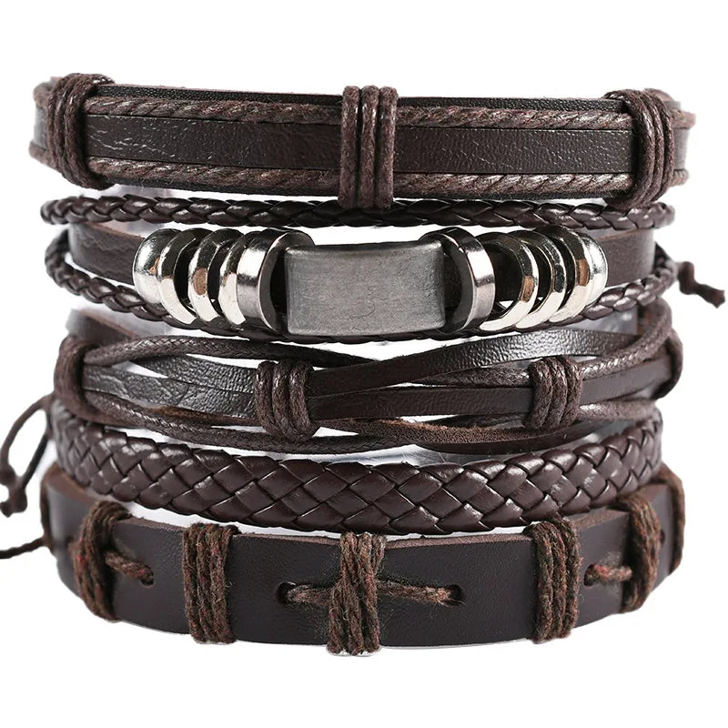Fashion Viking Punk Bracelet For Men Hand Bracelets Multi-Layer Woven Skull Head Star Accessories Jewelry Leather Set Gifts