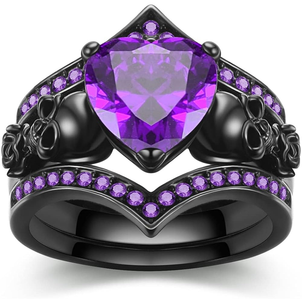 Gothic Black Rose Flower Skull Engagement Ring Set Red Purple Heart Zircon Crystal Anniversary Mother's Day Holiday Gift Jewelry