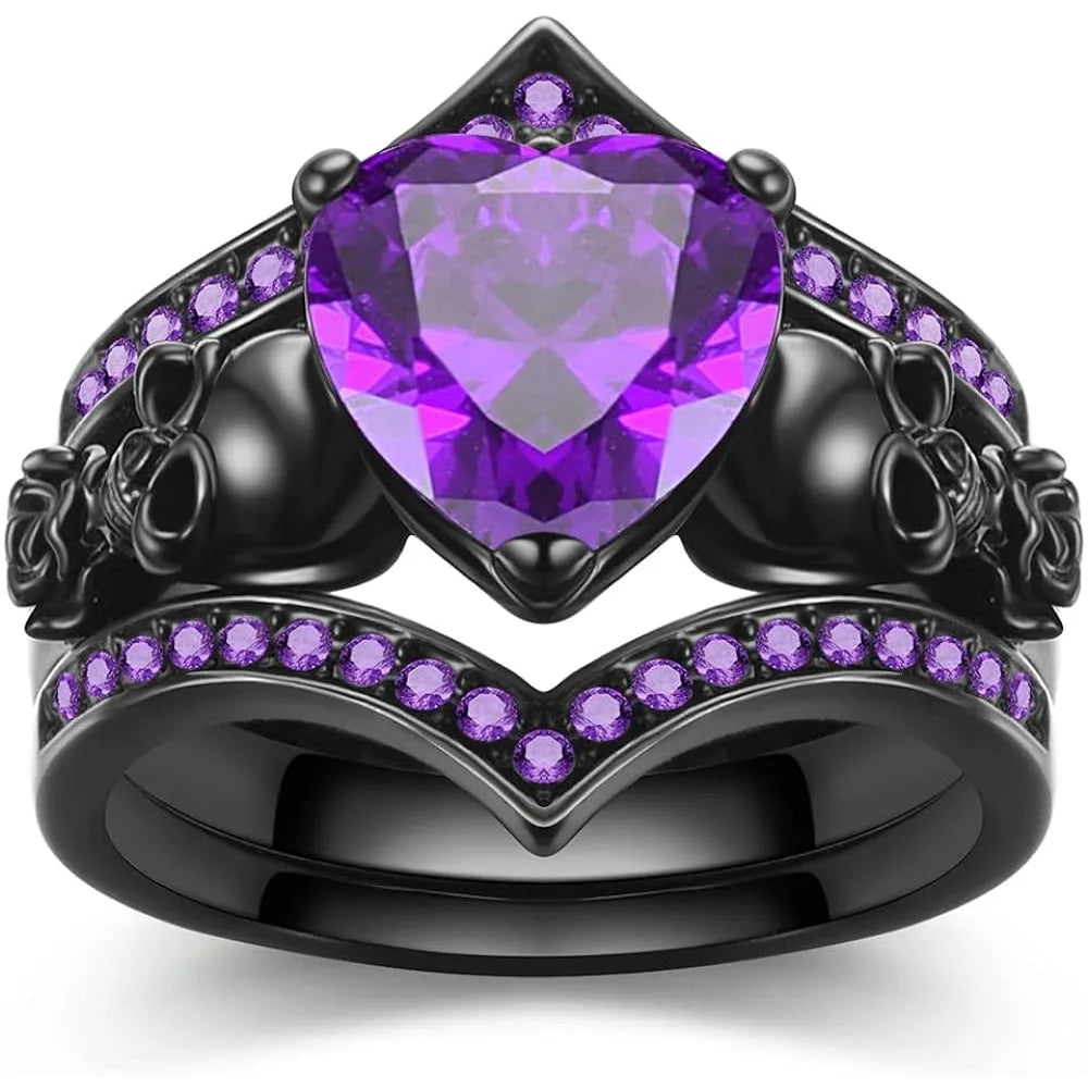 Gothic Black Rose Flower Skull Engagement Ring Set Red Purple Heart Zircon Crystal Anniversary Mother's Day Holiday Gift Jewelry