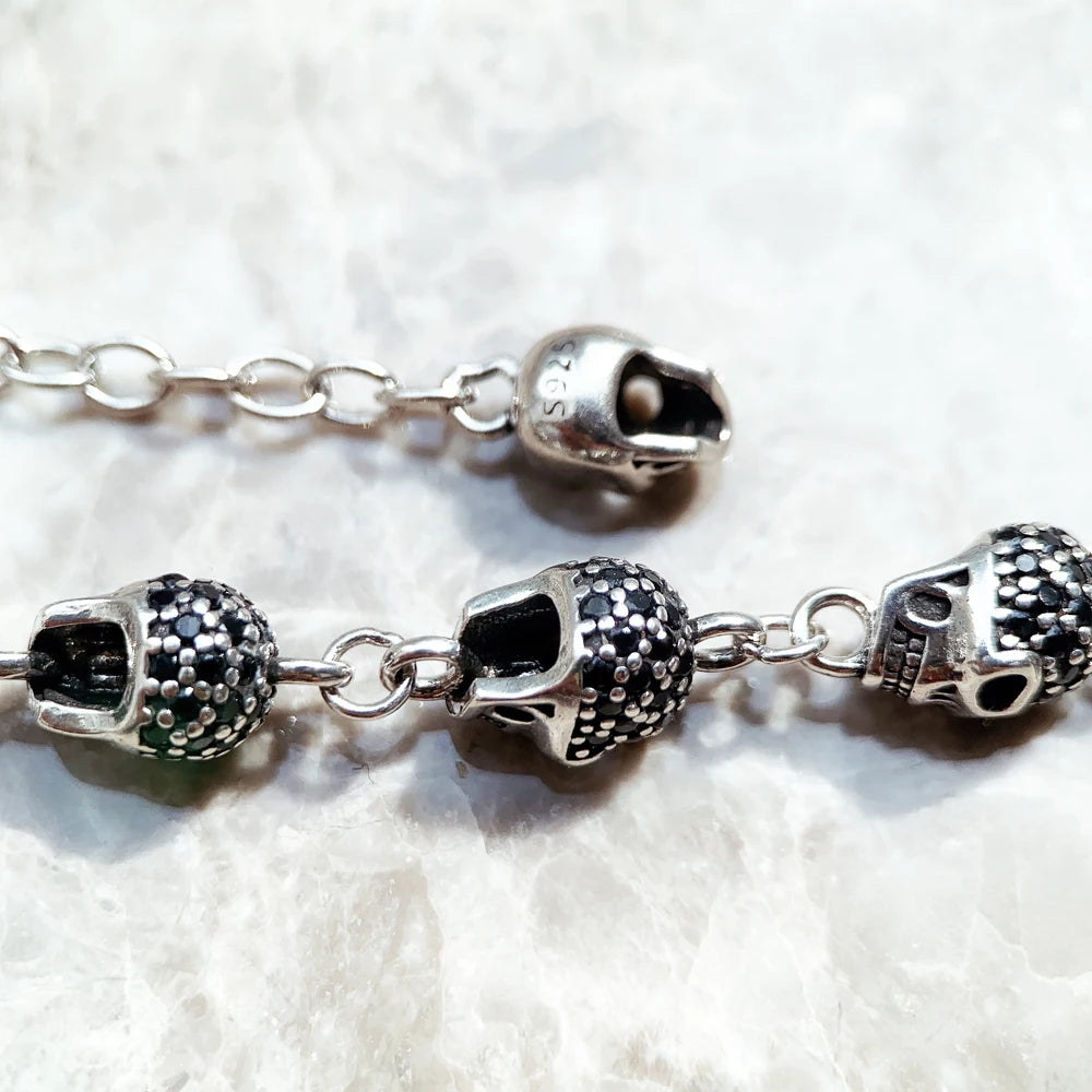Skull Pave Link Chain Bracelet For Women Men Pure 925 Sterling Silver Punk Jewelry Party Gifts