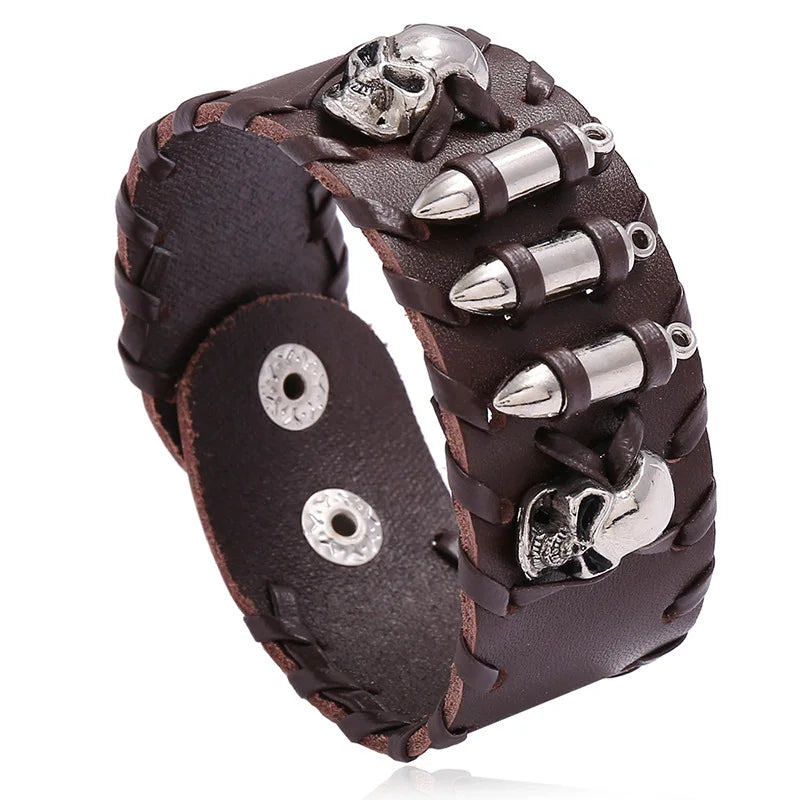 Skull Genuine Leather Wide Bracelet Punk Style Woven Cowhide Metal Skull+Bullet Bracelet Male Personalized Wristband Accessory