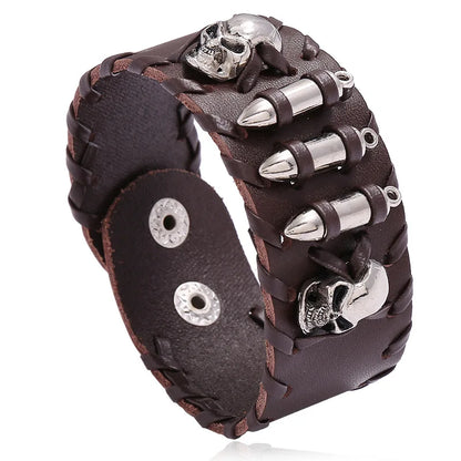 Skull Genuine Leather Wide Bracelet Punk Style Woven Cowhide Metal Skull+Bullet Bracelet Male Personalized Wristband Accessory