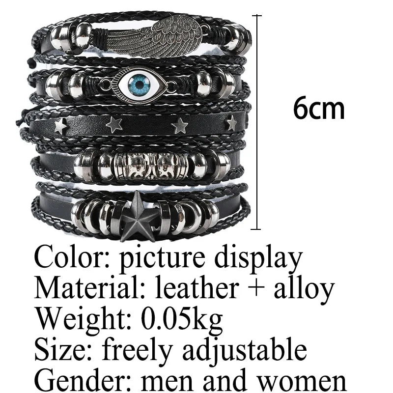 Fashion Viking Punk Bracelet For Men Hand Bracelets Multi-Layer Woven Skull Head Star Accessories Jewelry Leather Set Gifts