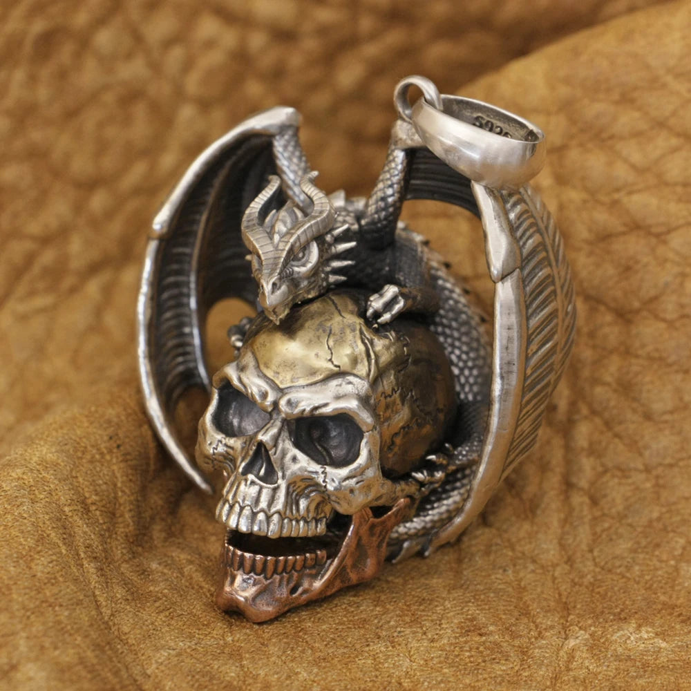 925 Sterling Silver Flying Dragon Punk Skull Pendant Details Biker Jewelry TA380