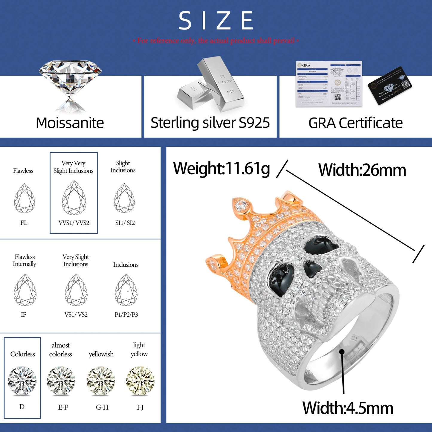 ICEDOUTBOX Moissanite Crown Skull Ring For Men Lab Diamond Sterling Silver Iced Out Hip Hop Rings for Woman Sparkling Jewelry