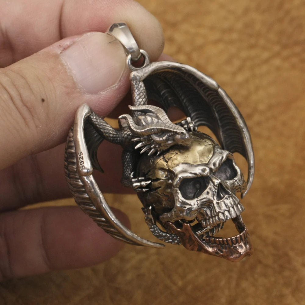 925 Sterling Silver Flying Dragon Punk Skull Pendant Details Biker Jewelry TA380