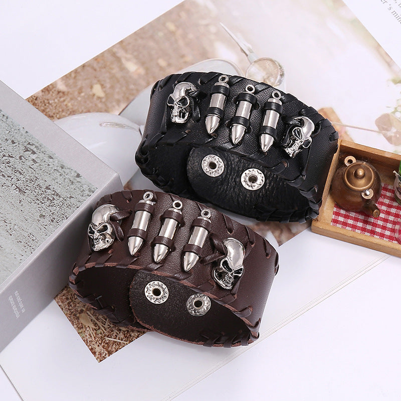 Skull Genuine Leather Wide Bracelet Punk Style Woven Cowhide Metal Skull+Bullet Bracelet Male Personalized Wristband Accessory