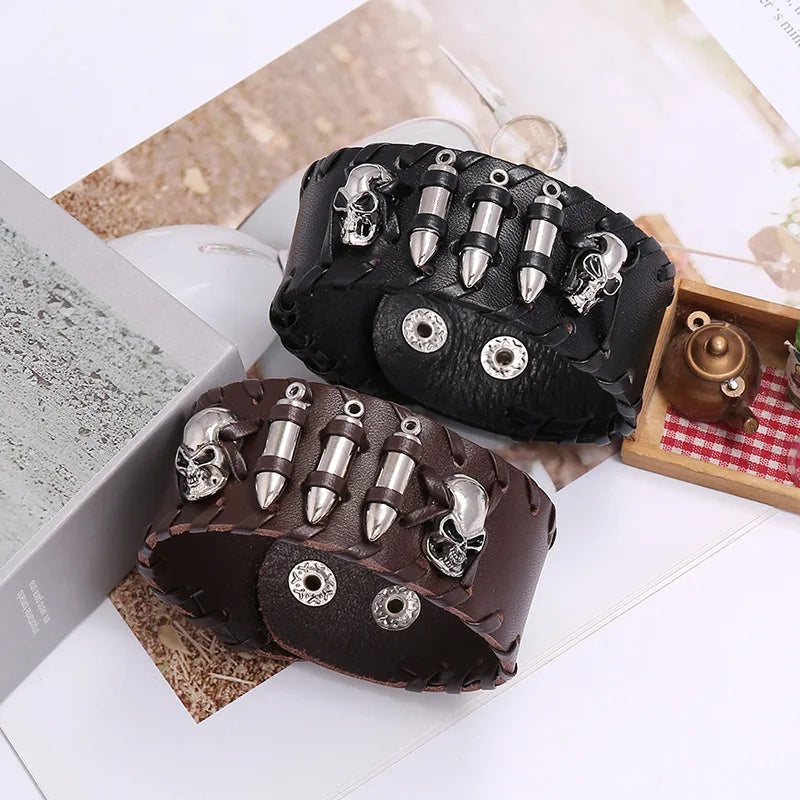 Skull Genuine Leather Wide Bracelet Punk Style Woven Cowhide Metal Skull+Bullet Bracelet Male Personalized Wristband Accessory