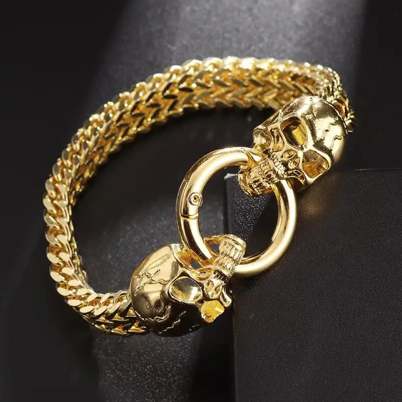 1 men's retro domineering and fashionable double skull men's bracelet with buckle - men's Gothic Cuban chain, fashionable style