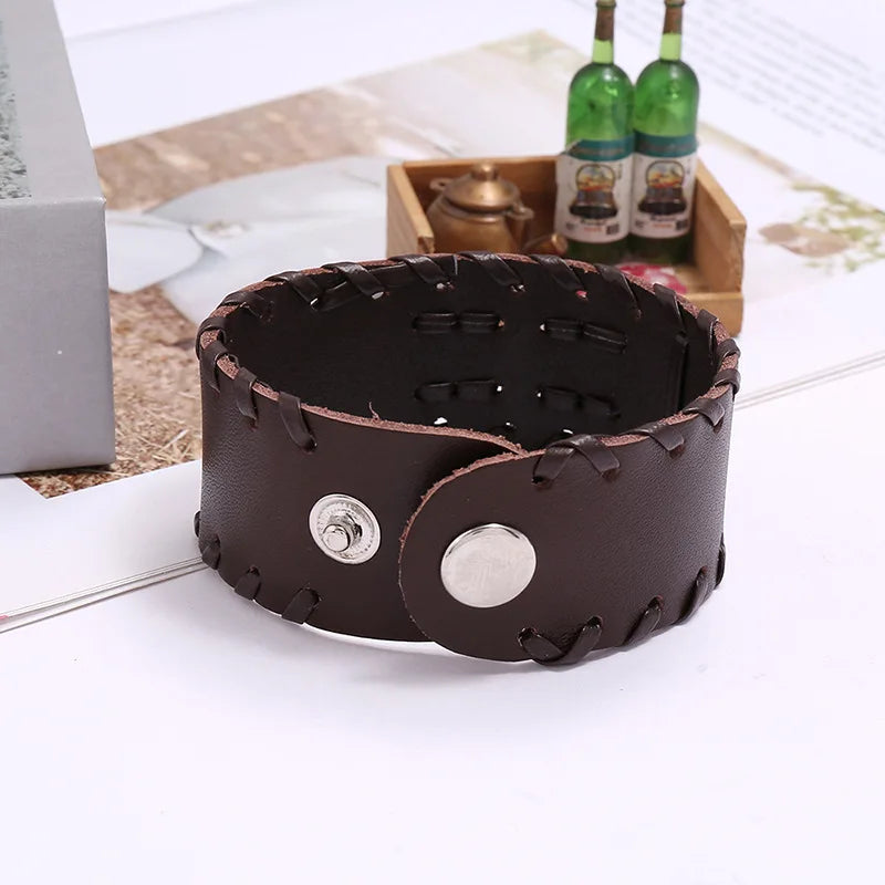 Skull Genuine Leather Wide Bracelet Punk Style Woven Cowhide Metal Skull+Bullet Bracelet Male Personalized Wristband Accessory