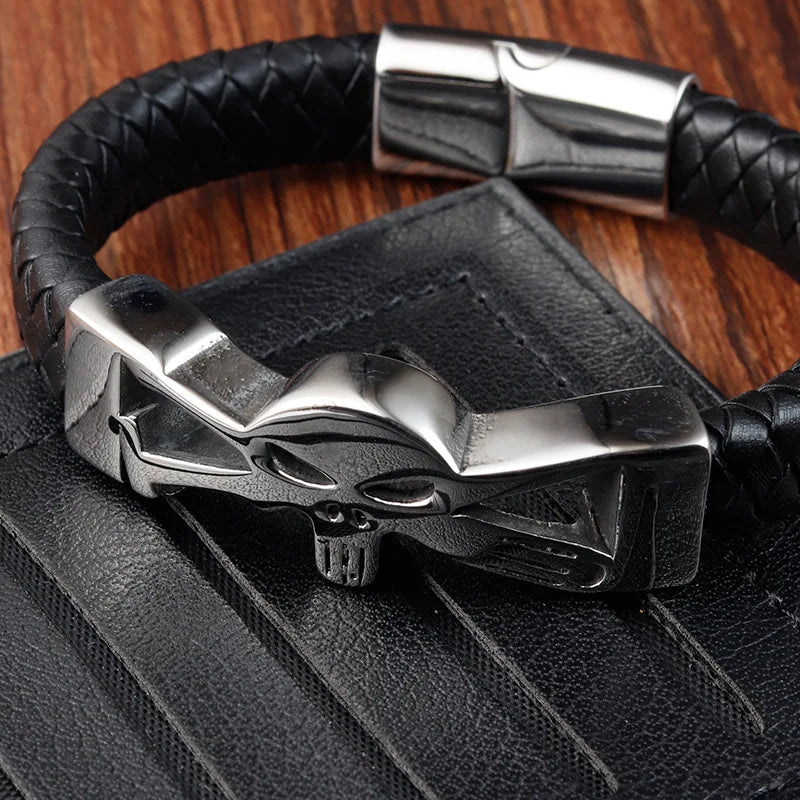 New Skull Stainless Steel Bracelets Genuine Leather Bangles Woven Men's Accessories Fine Gifts Accessories Wholesale Jewelry