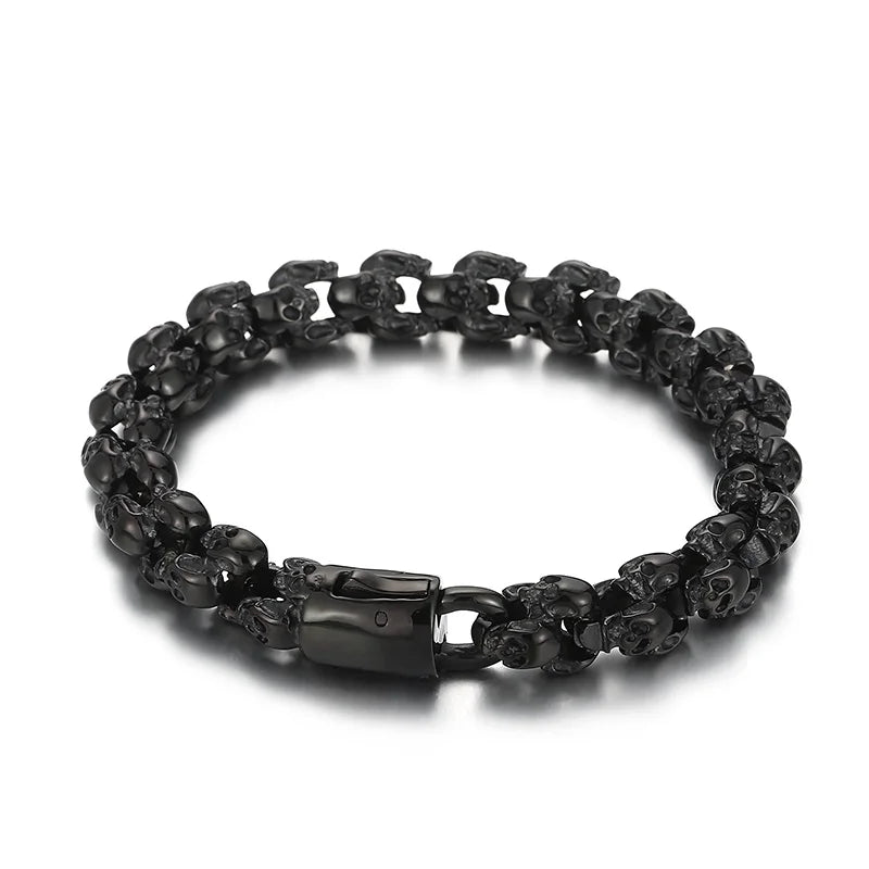 Fongten 12/15mm Skull Charm Bracelets For Men Stainless Steel Steleton Chain Mens Wristband Bracelet Bangle Gothic Jewelry