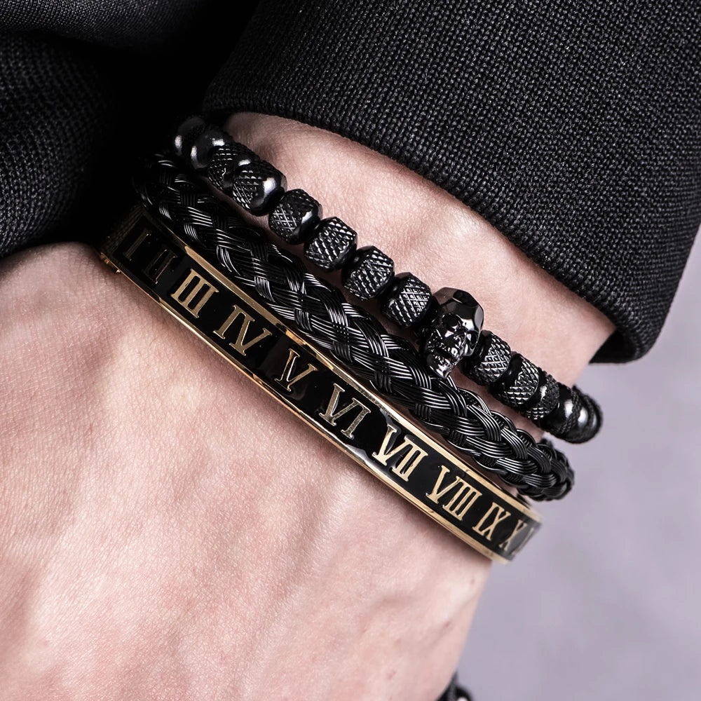 Luxury 3pcs/Set Skull Charm Black Bracelet Stainless Steel  Men Enamel Roman Number Bangles  Europe Fashion Couple Jewelry