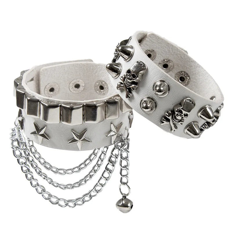 2PCS/Set Emo Goth Punk Bracelets Women Boho Skull Rivets PU Leather Bracelet Metal Chain Ball Tassels Bangles Festival Jewelry