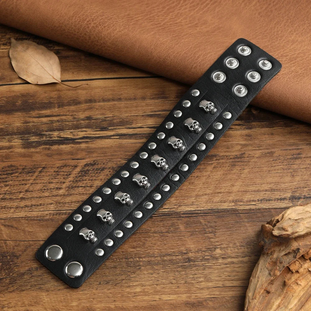 2024  Jewelry Handmade Weave Genuine Leather Bracelet Men Vintage Cuff Wide Leather Skull Bracelet Pulsera Hombre