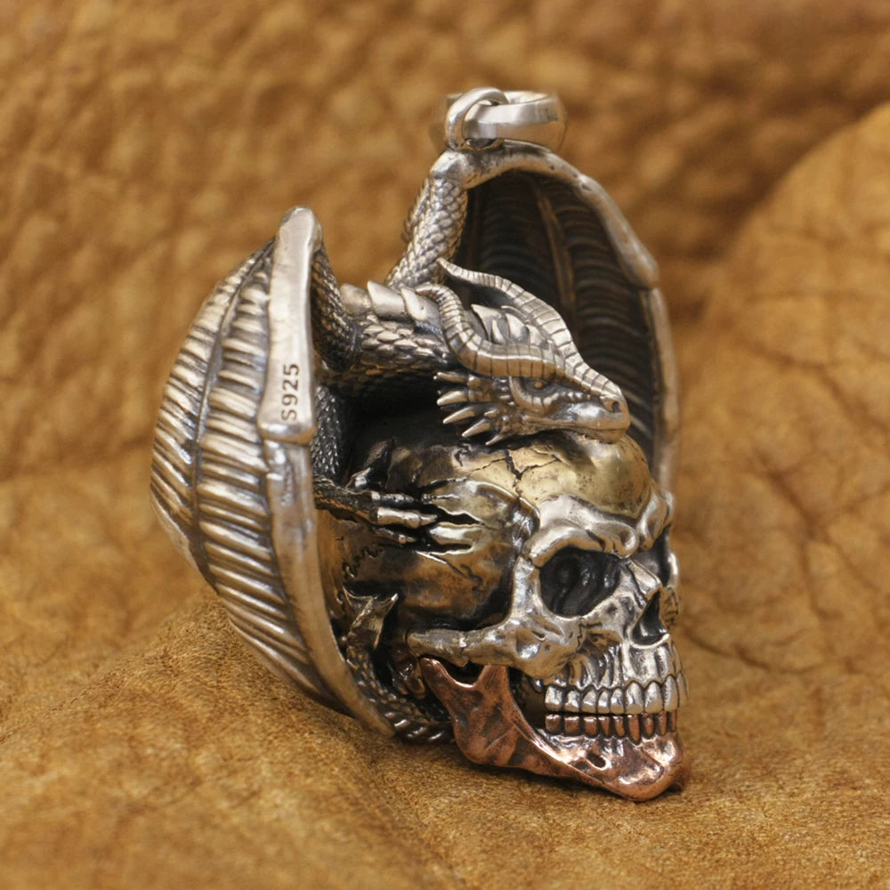 925 Sterling Silver Flying Dragon Punk Skull Pendant Details Biker Jewelry TA380