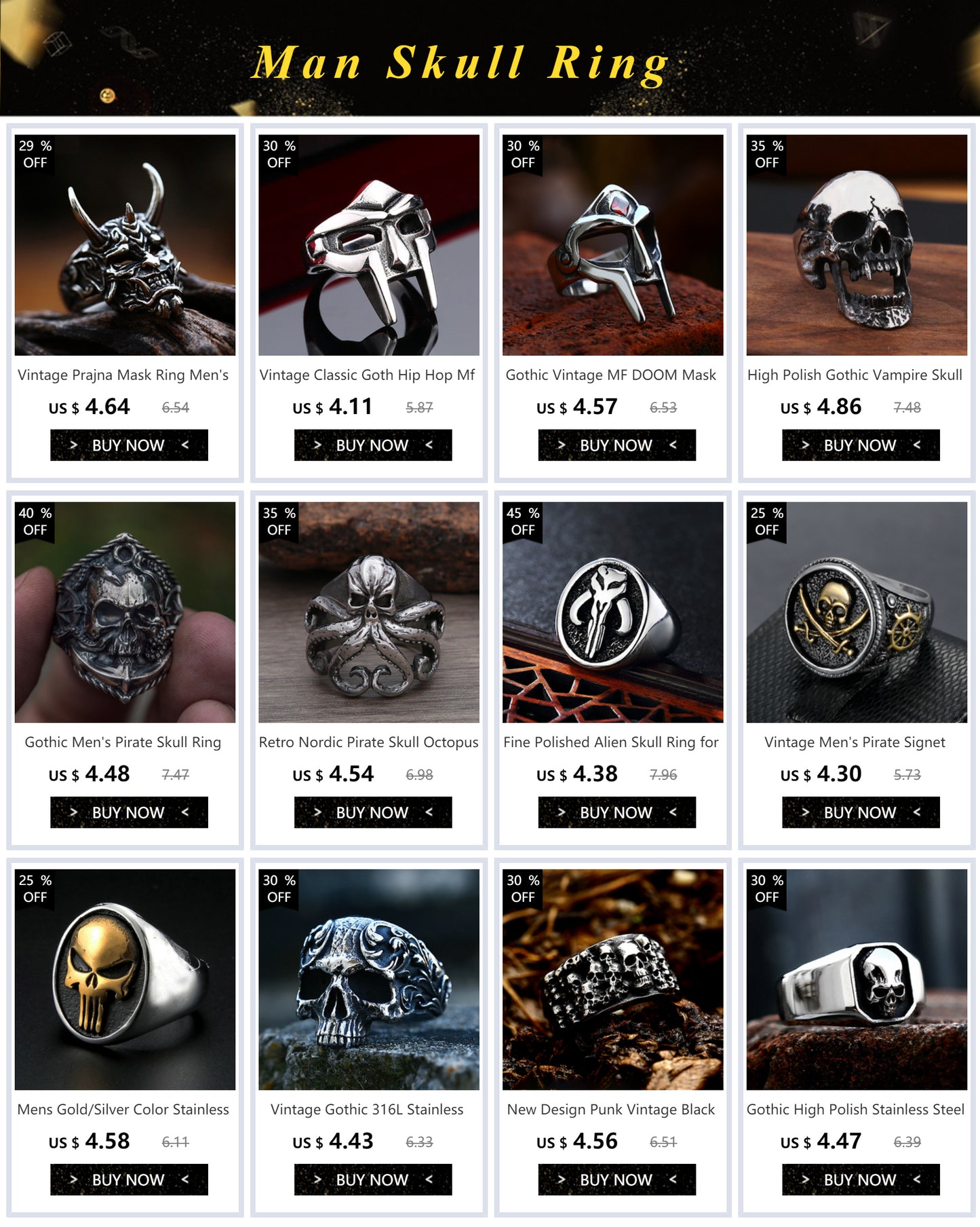 High Polish Gothic Vampire Skull Ring Heavy Skull Mens Stainless Steel Biker Rings Punk Motorcyclist Jewelry Gift Size 7-15