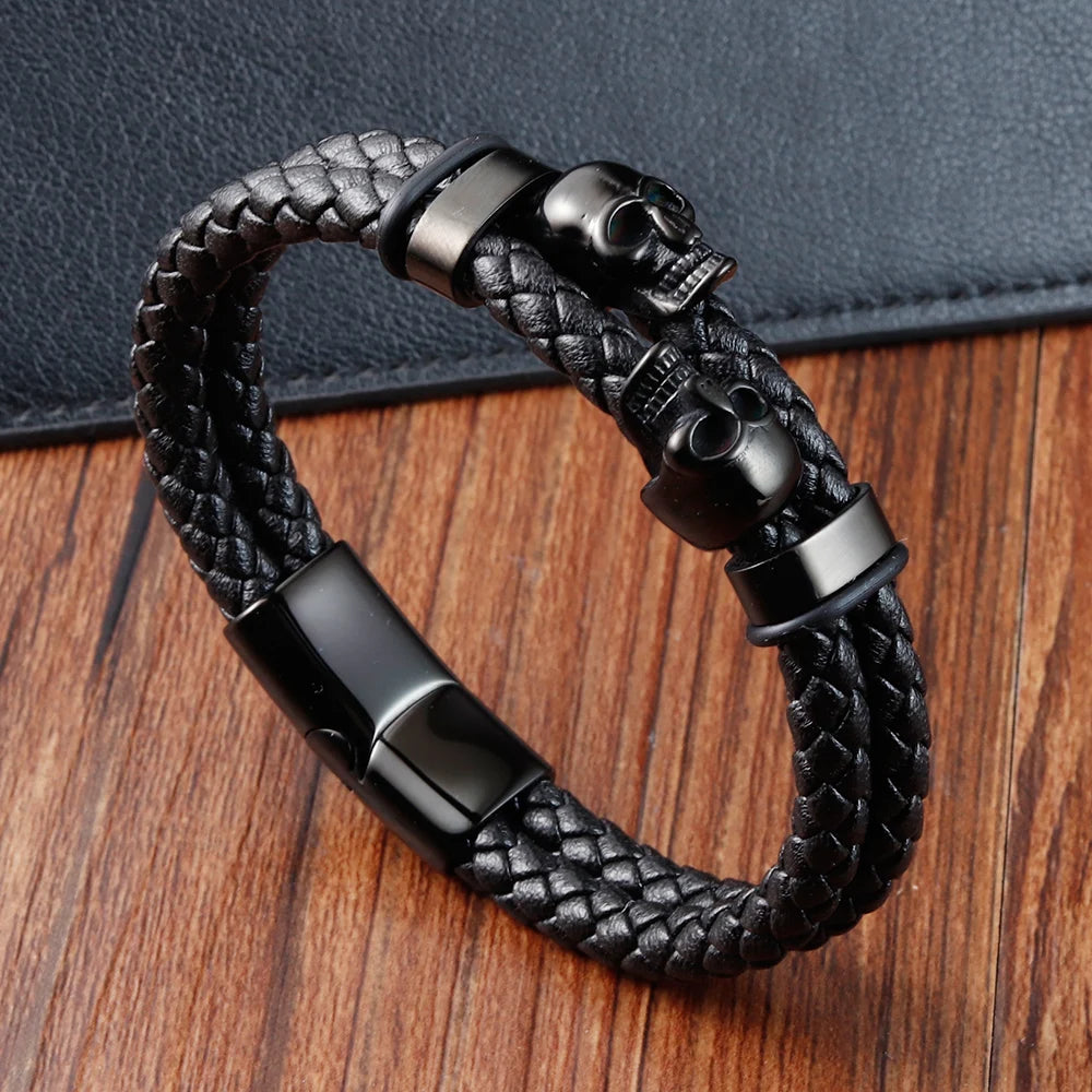 Multi-layer Bracelet Punk Stainless Steel Charm Magnetic Black Men's Leather Bracelets Braided Bangles Jewelry Homme Accessories