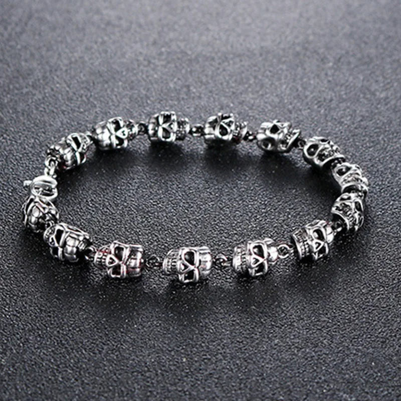 Cool Rock Style Steampunk Skull Bracelet for Men Women Alloy Skeleton Beaded Bracelet Hiphop Tibetan Prayer Beaded Bracelet New
