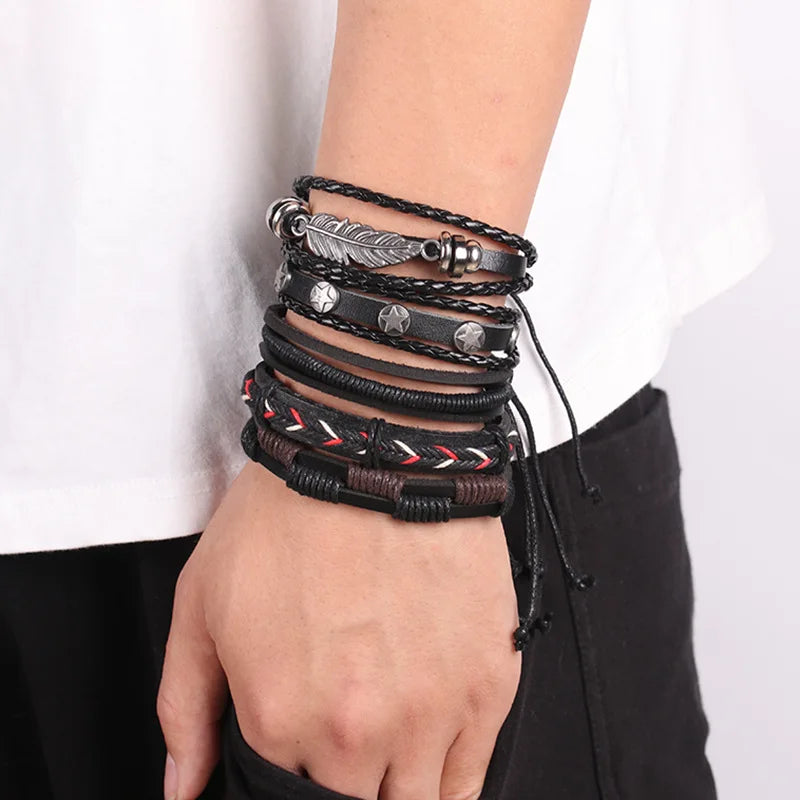 Fashion Viking Punk Bracelet For Men Hand Bracelets Multi-Layer Woven Skull Head Star Accessories Jewelry Leather Set Gifts