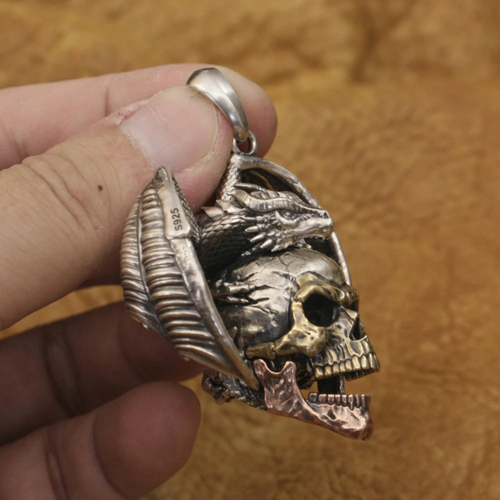 925 Sterling Silver Flying Dragon Punk Skull Pendant Details Biker Jewelry TA380