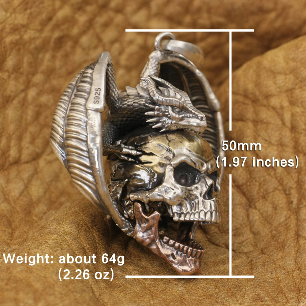 925 Sterling Silver Flying Dragon Punk Skull Pendant Details Biker Jewelry TA380