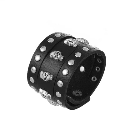 2024  Jewelry Handmade Weave Genuine Leather Bracelet Men Vintage Cuff Wide Leather Skull Bracelet Pulsera Hombre