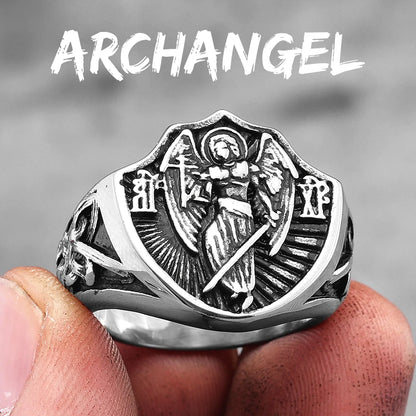 Archangel St.Michael Religion Amulet Stainless Steel Mens Rings Punk for Male Boyfriend Biker Jewelry Creativity Gift Wholesale