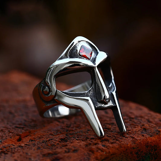 Gothic Vintage MF DOOM Mask Rings For Men Women Punk Biker Stainless Steel Red Stone Ring Fashion Amulet Jewelry Gift Wholesale