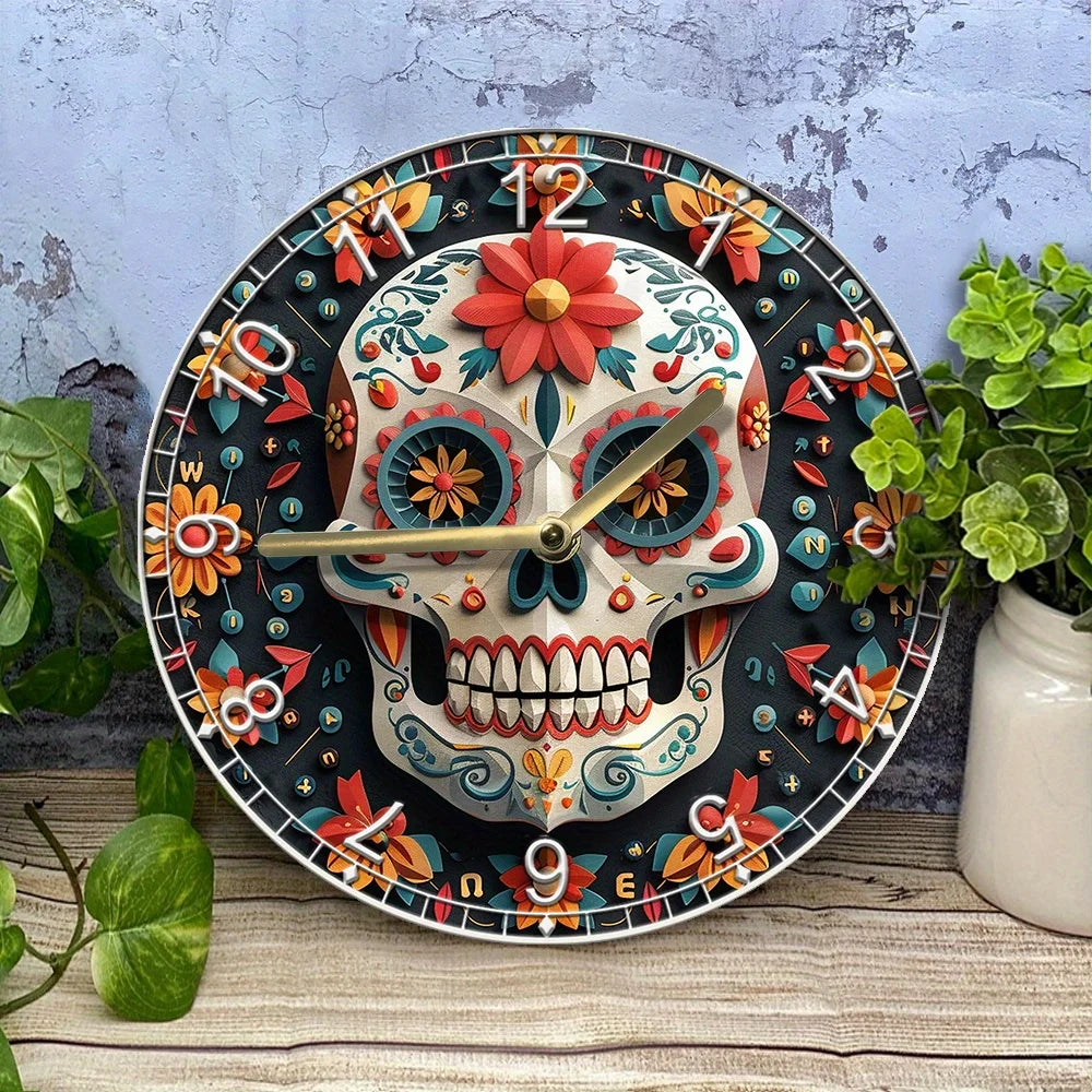 DIY Wall Clock Kit–2D High-Definition Printing–Día De Muertos Mexican Theme Includes Clock Movement for Creative Home Decor
