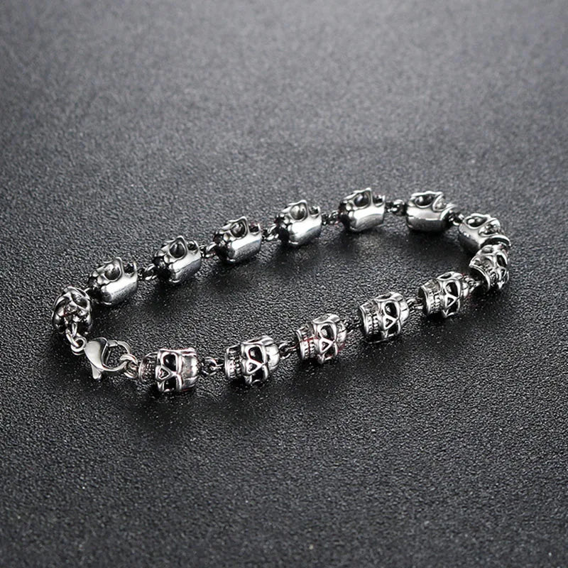 Cool Rock Style Steampunk Skull Bracelet for Men Women Alloy Skeleton Beaded Bracelet Hiphop Tibetan Prayer Beaded Bracelet New
