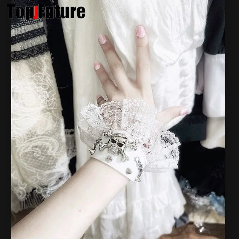 Harajuku Gothic Lolita Y2K subculture, dark punk, gothic, black and white wristband lace bracelet lace skull lace bracelet