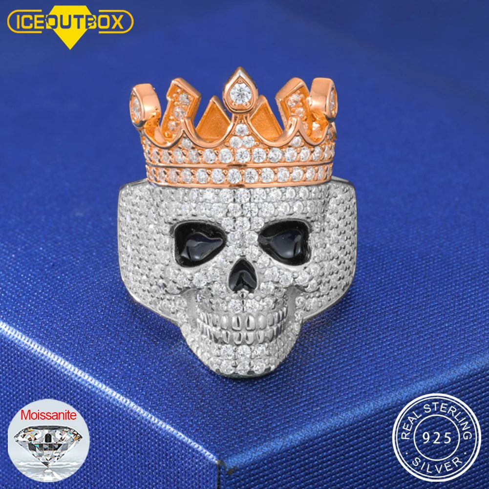 ICEDOUTBOX Moissanite Crown Skull Ring For Men Lab Diamond Sterling Silver Iced Out Hip Hop Rings for Woman Sparkling Jewelry