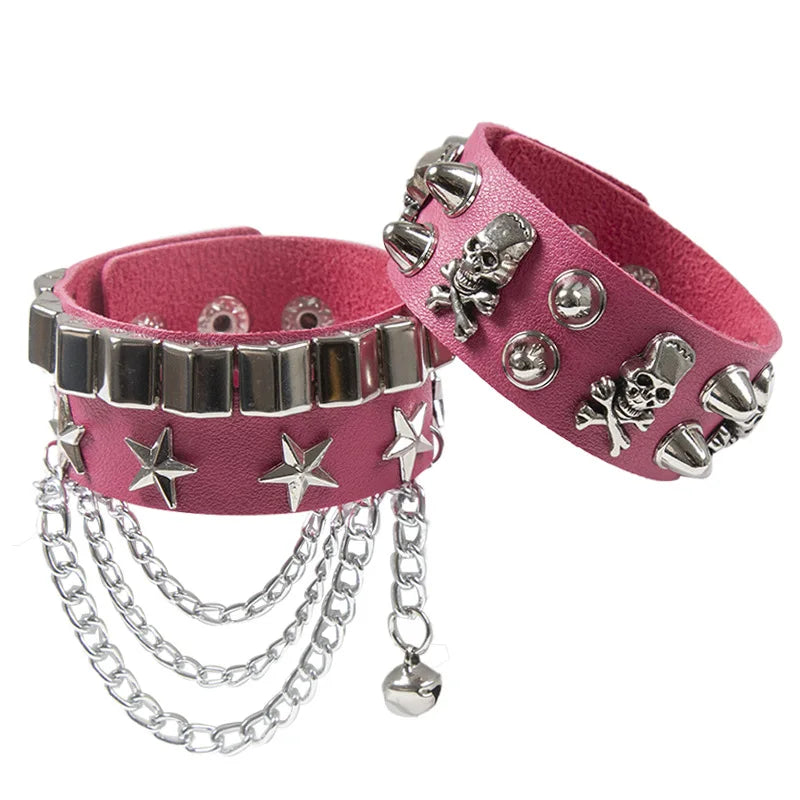 2PCS/Set Emo Goth Punk Bracelets Women Boho Skull Rivets PU Leather Bracelet Metal Chain Ball Tassels Bangles Festival Jewelry